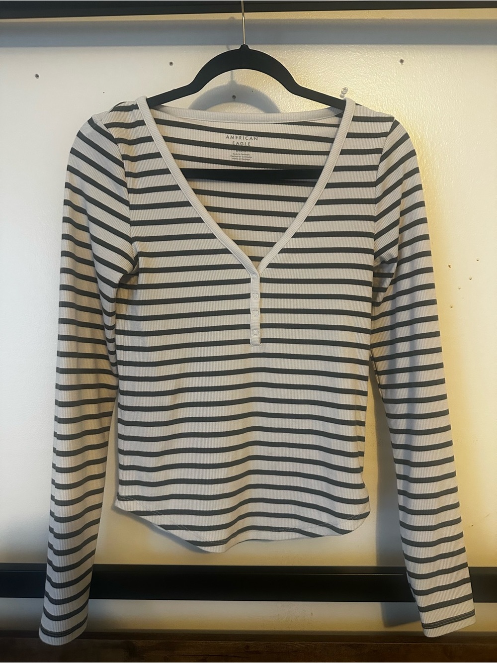 American Eagle Outfitters Long-Sleeve Striped Henley Top - White & green